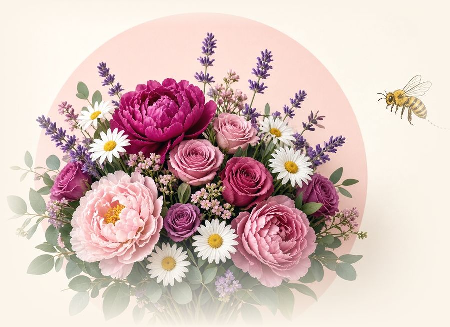 Strauß mit Pfingstrosen, Rosen, Lavendel und Margeriten, daneben eine Biene